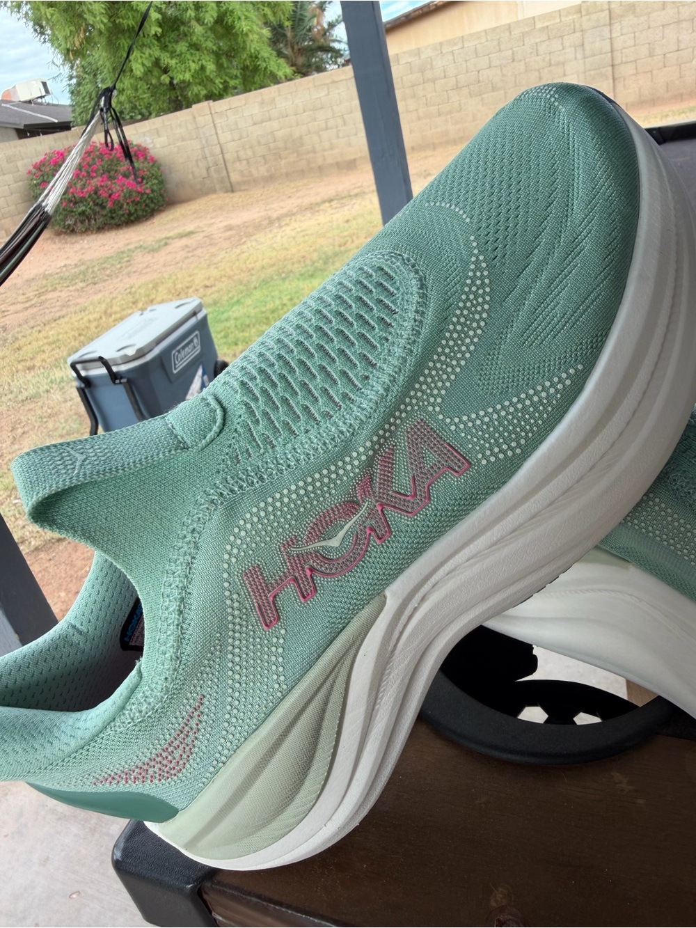 Hoka Women's Mint Green Slip-On Athletic Shoe with Pink Logo